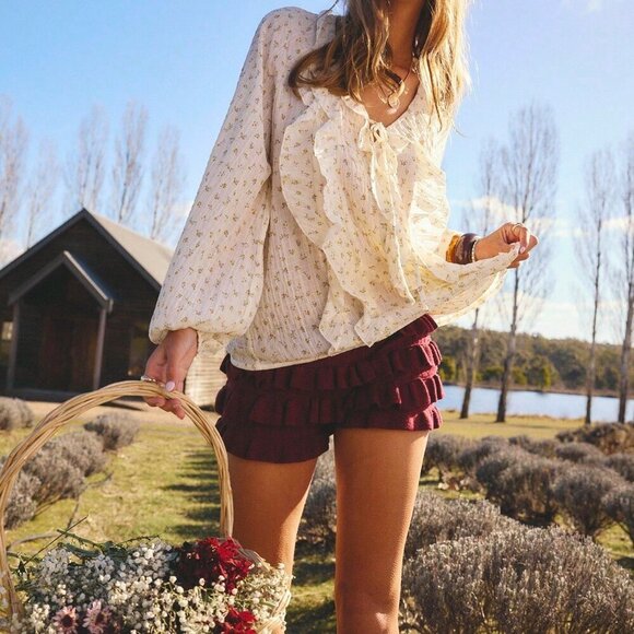 Multicolor Boho Women's Ruffled V-Neck Long Sleeve Front Tie Blouse - Picture 4 of 8